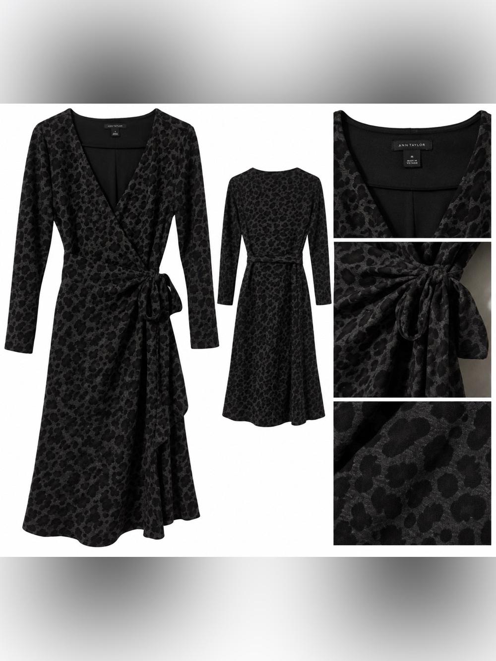 Ann Taylor Black Textured Animal-Print Wrap Dress